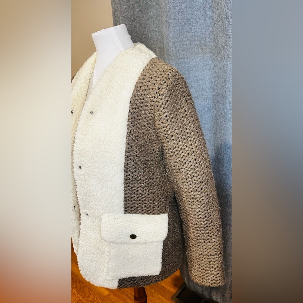 Anna Studio Wool Sherpa Knit Coat Cardigan Jacket – Brown Cream Boho Chic Medium - Picture 4 of 15